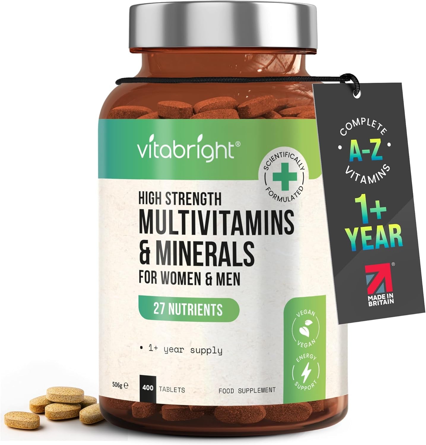 High Strength Multivitamins with Iron & Minerals | 400 Vegan Multivitamin Tablets for Women, Multivitamin Tablets for Men | 100% of All Vitamins | Adult Multi Vitamin | Vitabright Vitamin Supplements