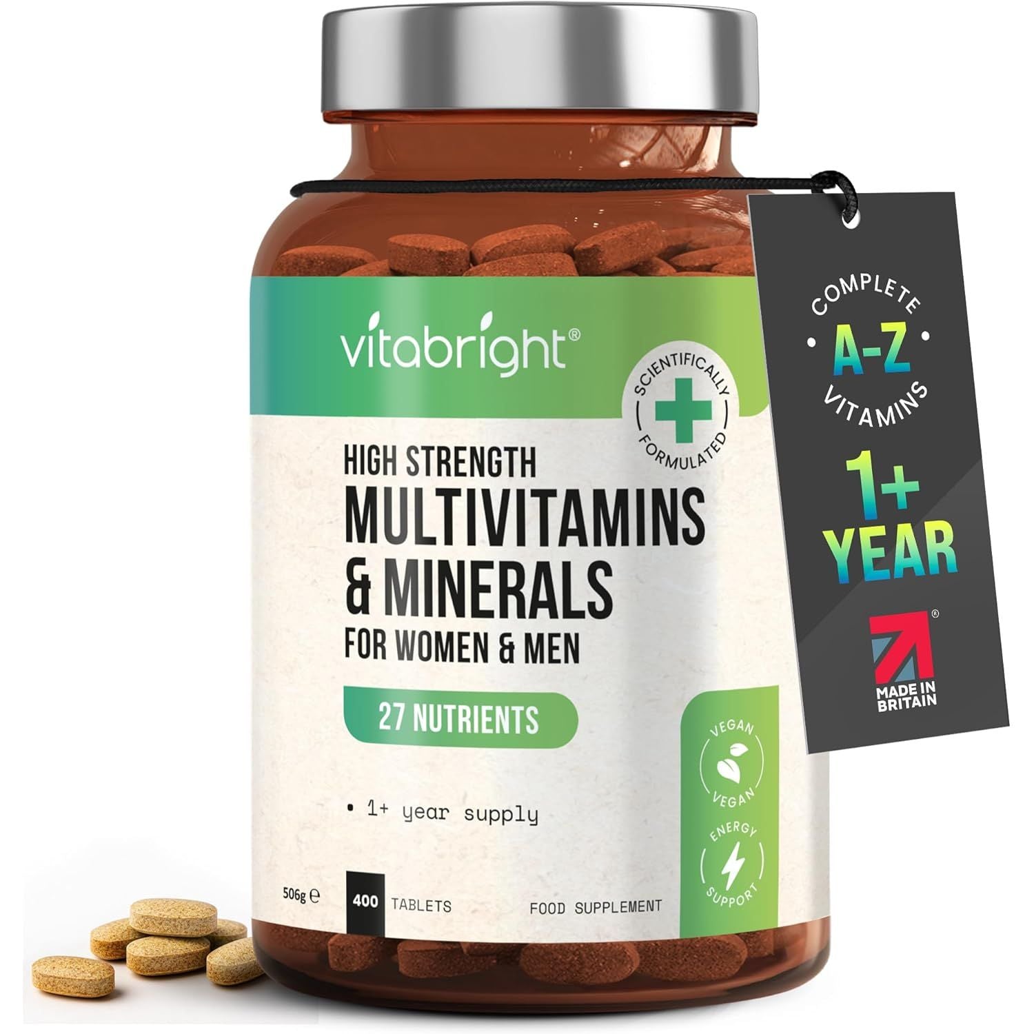 High Strength Multivitamins with Iron & Minerals | 400 Vegan Multivitamin Tablets for Women, Multivitamin Tablets for Men | 100% of All Vitamins | Adult Multi Vitamin | Vitabright Vitamin Supplements