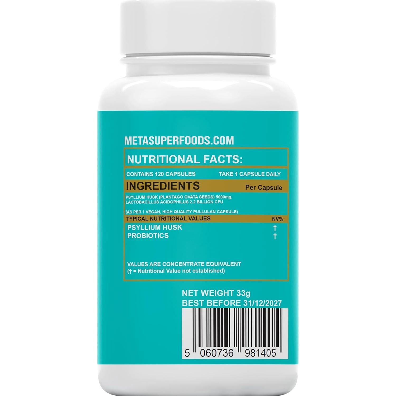 Fibre Supplement 5000Mg Psyllium Husk with Acidophilus Probiotics | 120 High Strength Vegan Capsules | Natural Soluble Fibre from Plantago Ovata Seeds 1-A-Day Digestive Support | 4 Months Supply