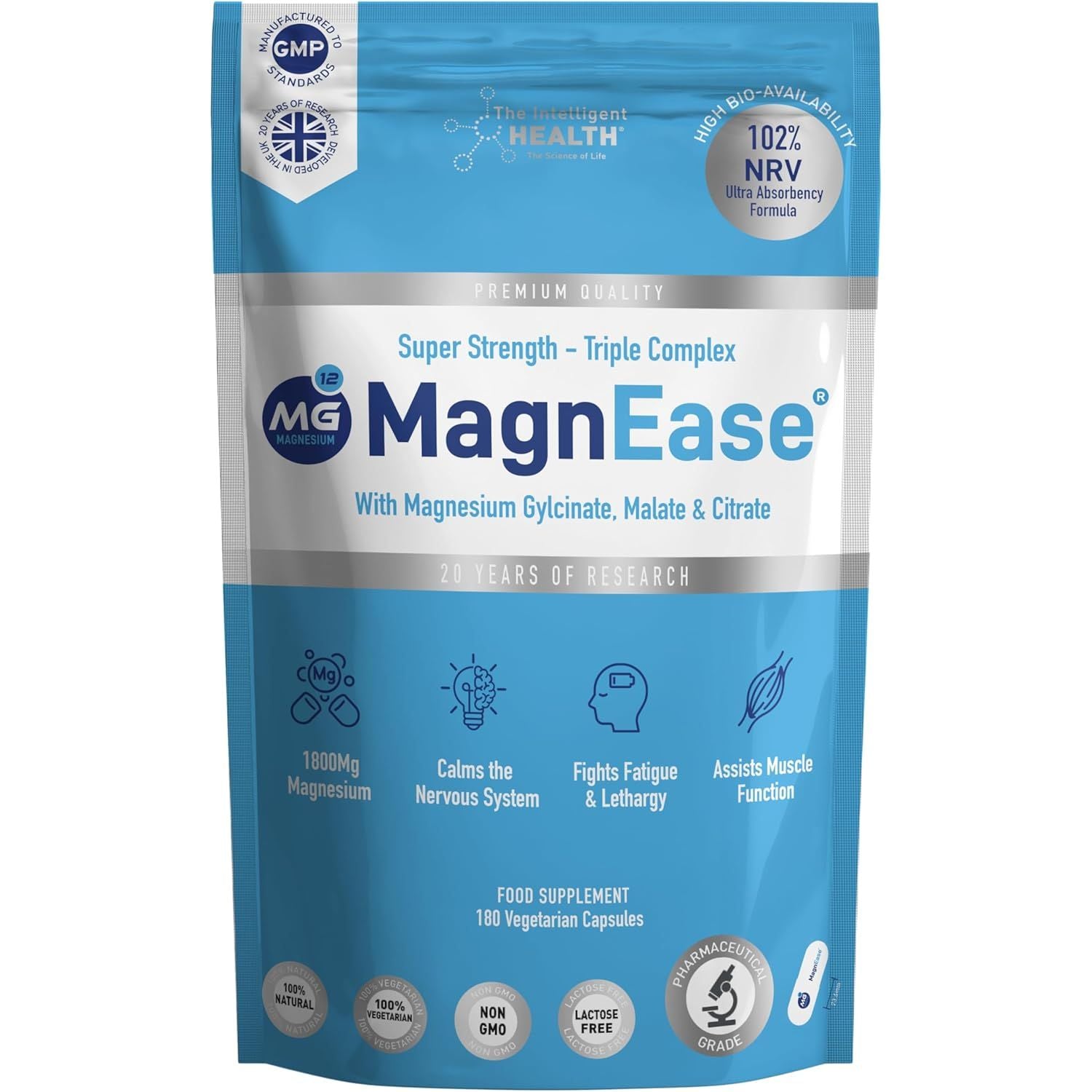 The Intelligent Health Magnease Magnesium, 1800 MG Super Strength - Triple Complex with Magnesium Gylcinate, Malate & Citrate (180)