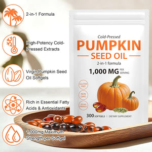 Pumpkin Seed Oil Capsules, 2-In-1 Formula for Hair Strength, Pumpkins Seed Extract Powder, 1000Mg Pure Cold-Pressed, Natural Skin & Heart Care, 300 Softgels