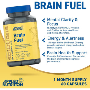 Applied Nutrition - Solutions - Brain Fuel - Capsules with Nootropics, Vitamins, & Panax Ginseng - Best Focus Booster - Enhances Mental Performance - (60 Capsules – 30 Servings)