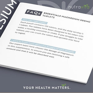 Magnesium Supplements 500Mg - 120 Vegan High Strength Tablets – 4 Month Supply – Supports Muscle Function, Tiredness, Energy, Bones, Nervous System - Letterbox Friendly - UK Made - Nutravita