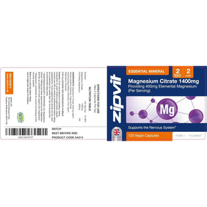 Zipvit Magnesium Citrate 1400Mg, Provides 400Mg Elemental Magnesium, Highly Absorbable for Bone, Muscle & Energy Support. 120 Vegan Capsules, 2 a Day, 2 Months Supply.