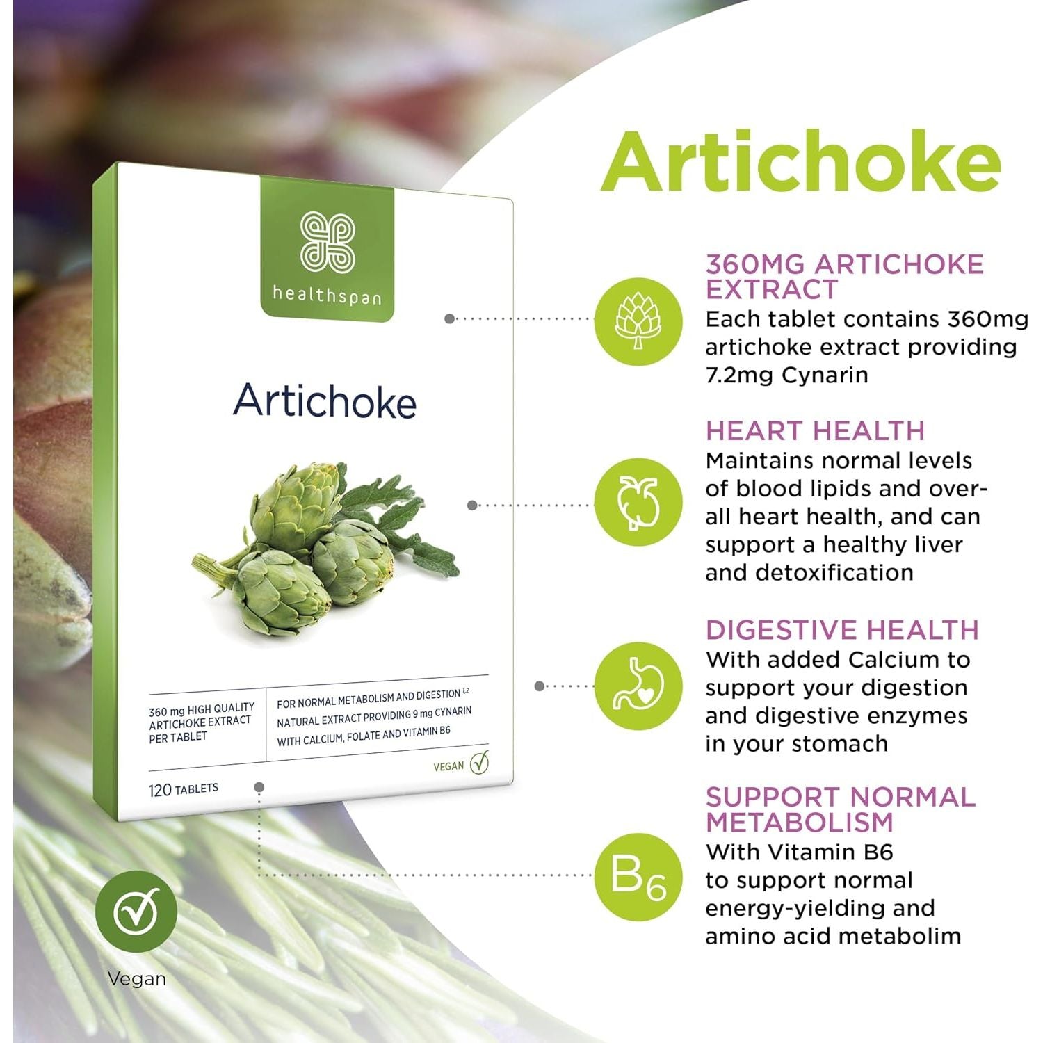 Healthspan Artichoke Extract 360Mg (120 Tablets) | Supports Digestion & Liver Health | High Strength Vegan Artichoke Tablets with 7.2Mg of Cynarin | with Calcium, Folate & Vitamin B6 | Vegan