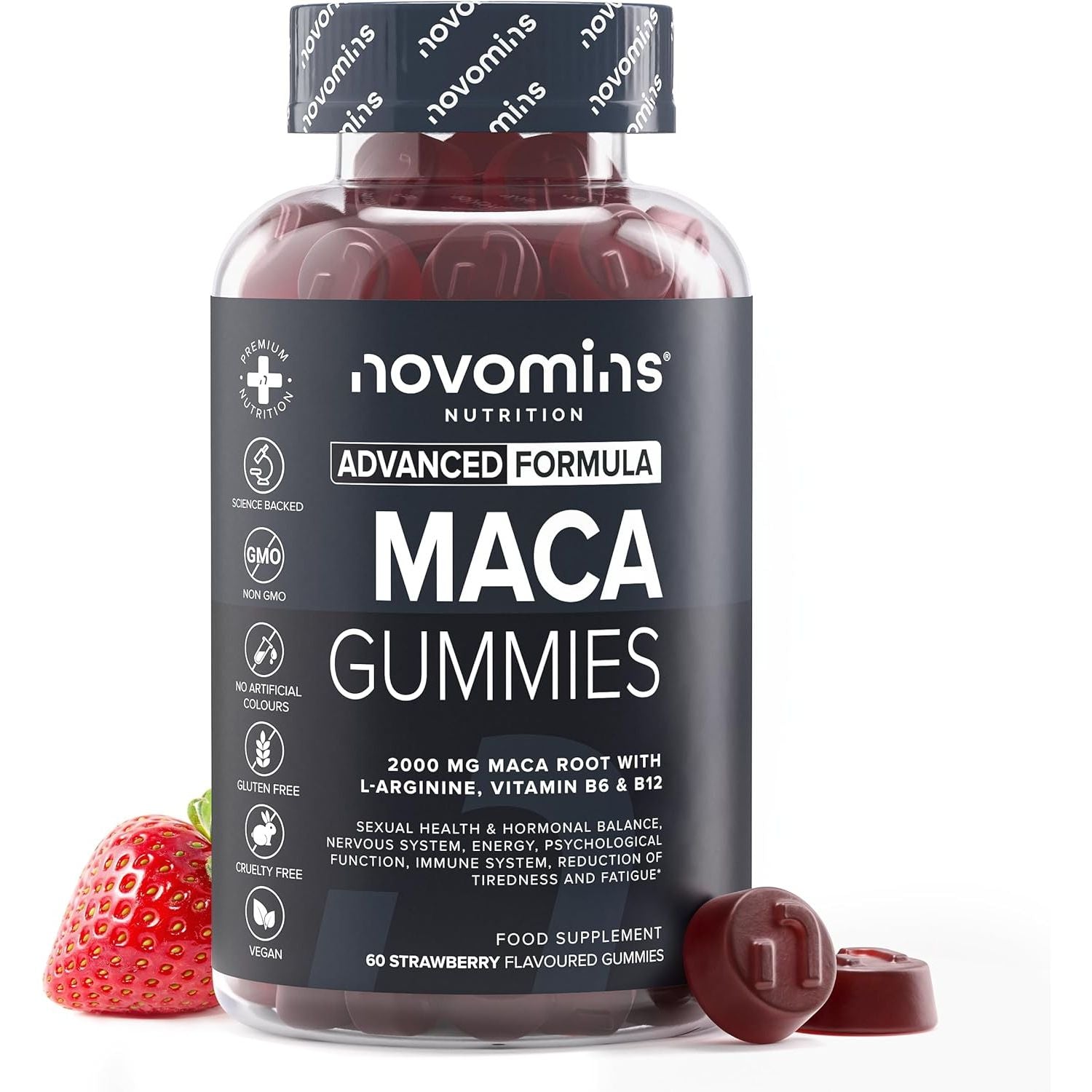 Maca Root Gummies - High Strength Alternative to Maca Powder & Maca Capsules - 2000Mg - Made from 100% Peruvian Maca Root Powder with L-Arginine, Vitamin B12 & B6-60 Count - Novomins
