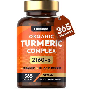 Organic Turmeric and Black Pepper 2160Mg | with Added Ginger | High Strength Curcumin Capsules | 365 Vegan Capsules | Easy-To-Swallow Formula | by Horbaach