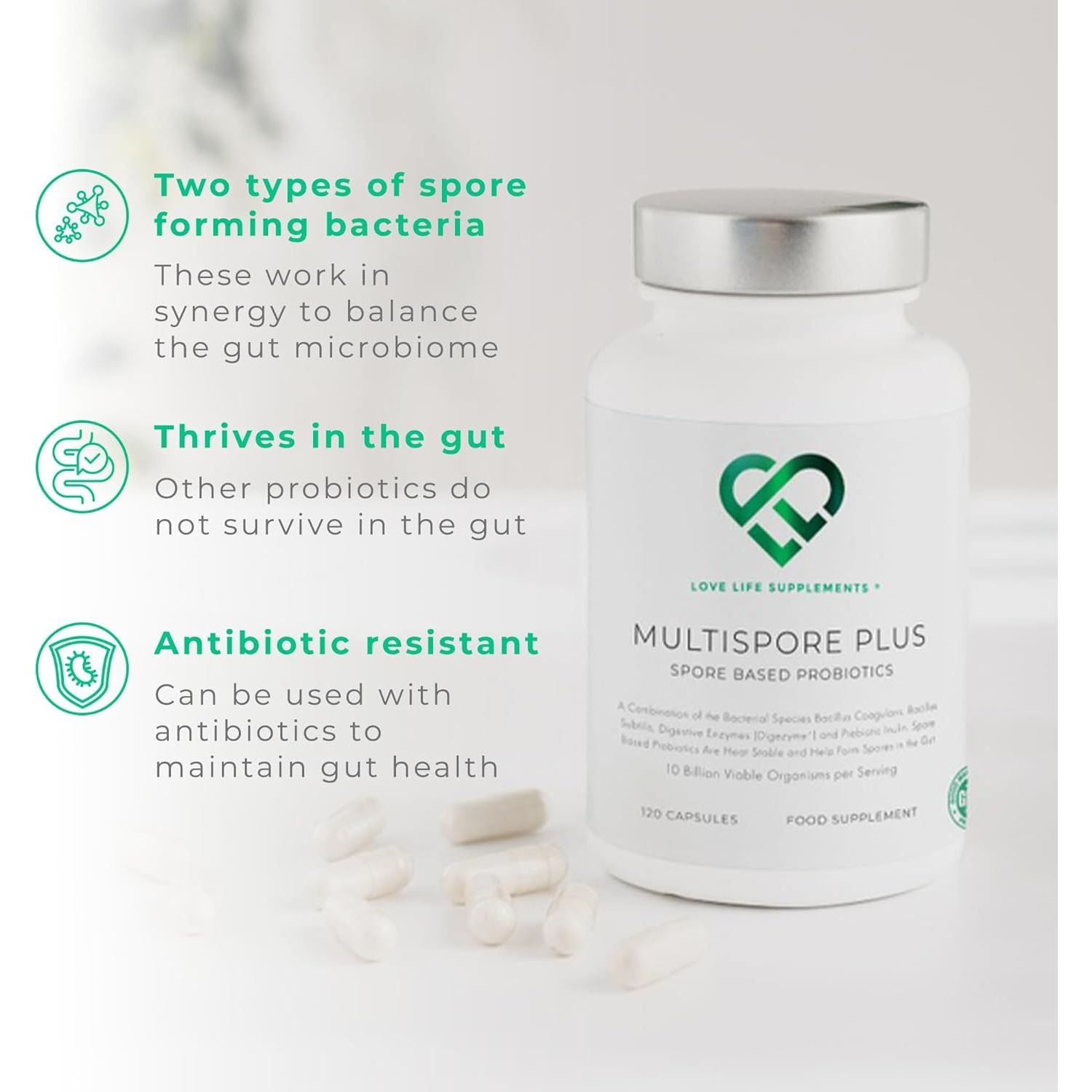 Multispore® plus Probiotics, 4 Month Supply - 120 Capsules, Bacillus Coagulans & Bacillus Subtilis Spore Based Probiotic, Bloating Relief/Gut Health, with Digestive Enzymes & Prebiotic Inulin, UK Made