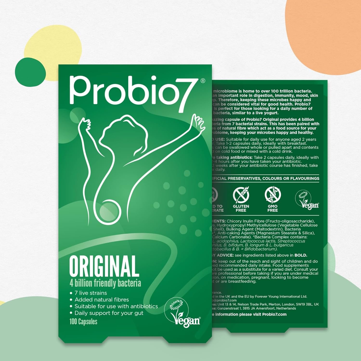 Probio7 Original | Vegan Approved | with 4 Billion CFU, 7 Live Bacterial Strains + 2 Types of Natural Fibre | Digestive Health Supplements, Probiotics for Gut Health, 100 Capsules