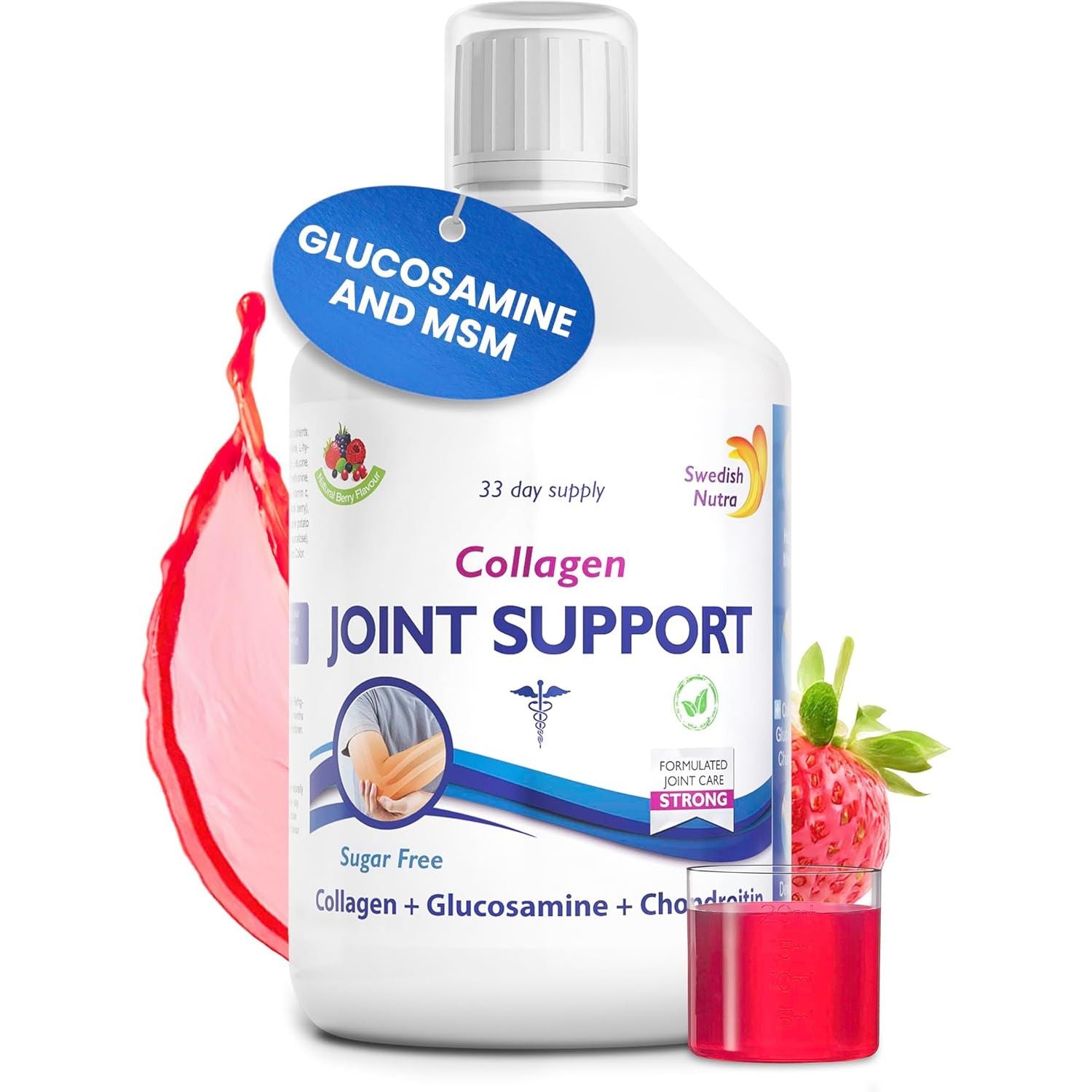 Swedish Nutra - Joint Support Collagen - Pack of 500Ml, 33 Day Supply | Berry Flavour | with Glucosamine & MSM | 100% Natural Flavour, Sugar & Gluten Free | High Absorption Rate