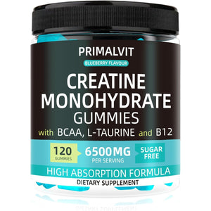 120 Creatine Gummies 6500Mg Sugar-Free Complex – Pre-Workout Creatine Monohydrate + BCAA, L-Taurine, B12 – Max Strength Chewable Gym Supplement – Vegan Gummy Chews for Men & Women – Primalvit