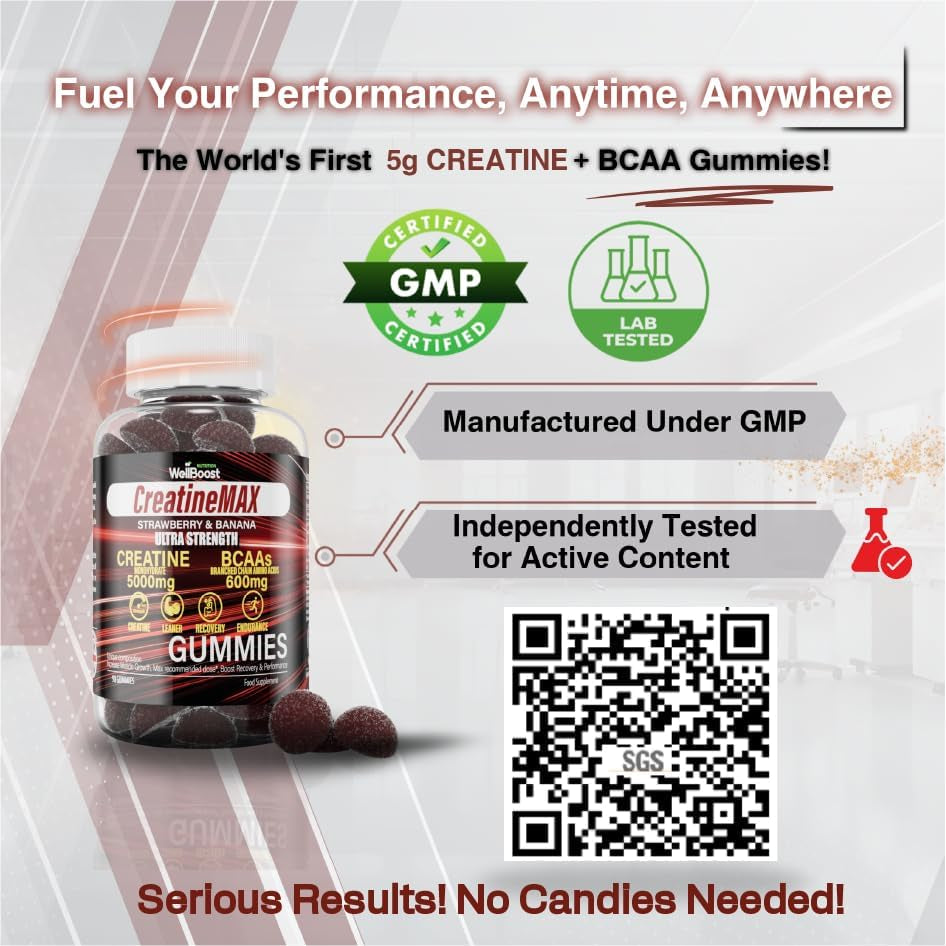 Wellboost Creatine MAX Gummies - 5000Mg Creatine Monohydrate & 600Mg Bcaas per Serving - Vegan, Sugar-Free Chewable Gummies with Strawberry & Banana Flavour - 90 Gummies (1 Month Supply)