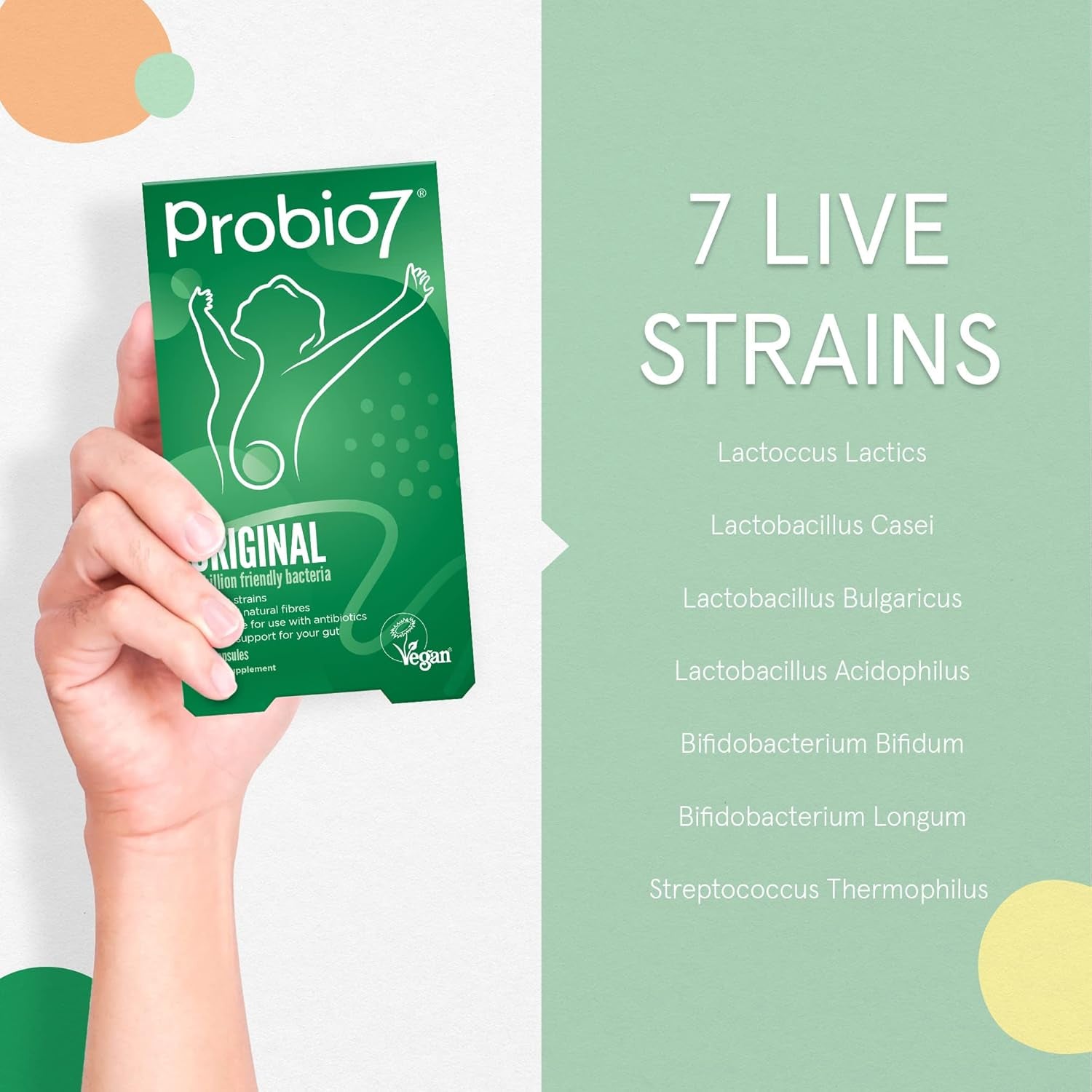 Probio7 Original | Vegan Approved | with 4 Billion CFU, 7 Live Bacterial Strains + 2 Types of Natural Fibre | Digestive Health Supplements, Probiotics for Gut Health, 100 Capsules