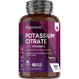 Potassium Supplement with Vitamin C 1460Mg | 3 Months Supply | 180 Tablets | Electrolytes Tablets | Bioavailable Potassium Citrate Form | Non-Gmo, Gluten-Free & Vegan-Friendly | Made in the UK