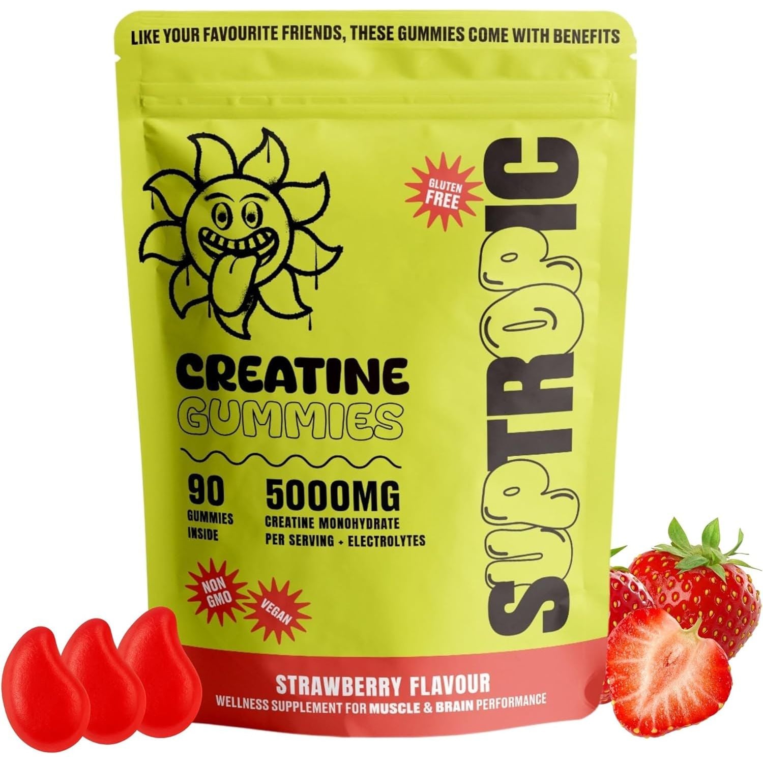 SUPTROPIC Creatine Monohydrate Gummies with Electrolytes – 5000Mg Creatine + Magnesium, Potassium & Vitamin D3 – Zero Sugar, Strawberry Flavor – 90 Gummies – Pre/Post Workout Muscle Support