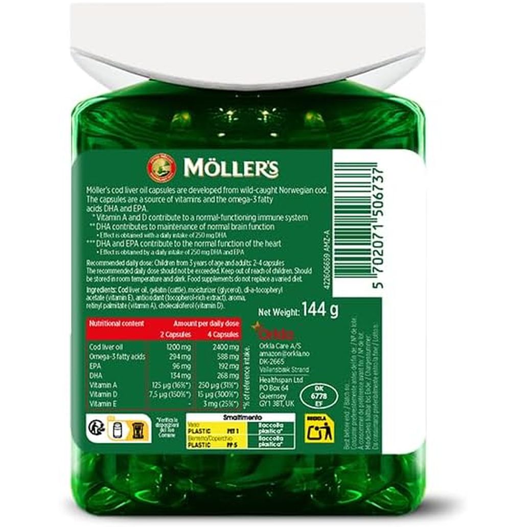 Moller’S ® | Cod Liver Oil Capsules | Omega 3 Fatty Acids DHA & EPA, Contains Vitamin A, D & E, Supports Immune System, Heart Function, Brain Function & Vision | 160 Units