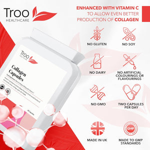 Troo Health Troo Marine Collagen Supplement - 60 High Strength Capsules 1200Mg Serving - Hydrolysed Marine Collagen Peptides with Vitamin C to Support Healthy Skin - UK Manufactured to GMP Standards