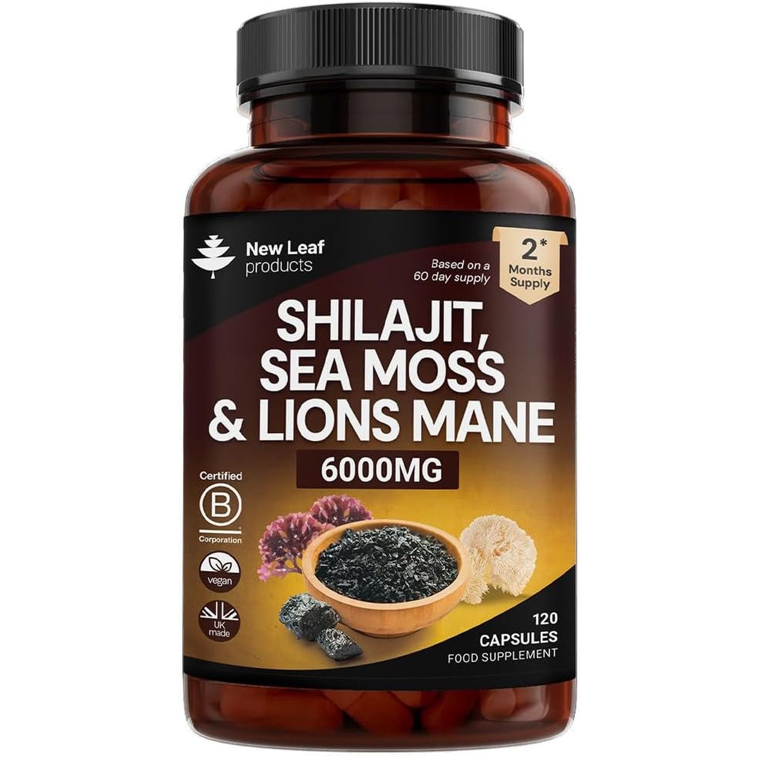 Shilajit Seamoss and Lions Mane Capsules 6000Mg - High Strength Complex - 60% Fulvic Acid Shilajit, Irish Sea Moss, Lions Mane 100% Fruiting Body - Vegan, UK Made 120 Capsules