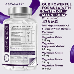 High Strength Magnesium Supplements for Women and Men -1575Mg per Daily Dose (425Mg Elemental) - Chelated Magnesium Glycinate, Citrate, Malate, and Oxide - 180 Capsules - Vegan