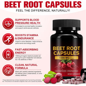 Beetroot Capsules 1300Mg, Beetroot Powder for Endurance Support & Energy, Vegan Beet Root Supplement (60 Capsules, 30-Day Supply)