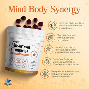 Physis Mushroom Gummies Complex 2000Mg | Attention Focus Clarity | Immunity & Energy | Brain Support | High Strength | Maitake, Reishi, Lion’S Mane & Chaga | 60 X Juicy Blackcurrant 1 Month Supply