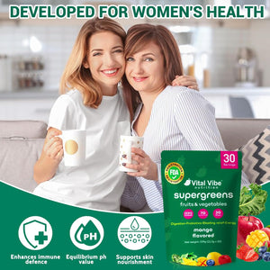 Vital Vibe Super Greens Powder 30 Servings - with Prebiotics, Probiotics & 3G Fiber - Spirulina, Chlorella for Gut Health, Energy & Digestion - Mango Flavor, Vegan, Zero Sugar