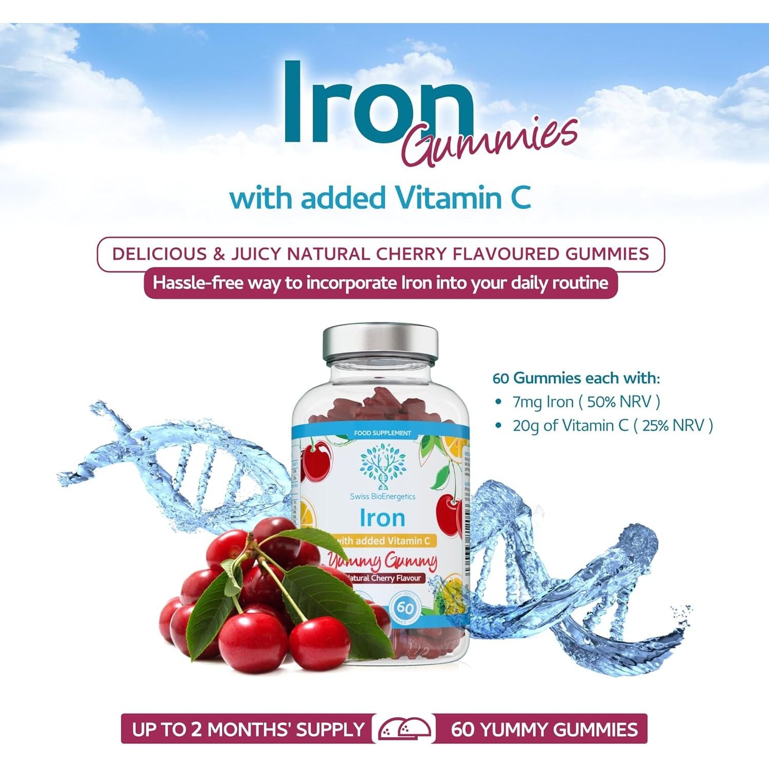 Iron Gummies with Added Vitamin C - 60 Natural Cherry Flavour Chewable Yummy Gummies - 2 Month Supply - Efficient Absorption and Gentler Digestion Formula - Made in the UK