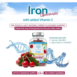 Iron Gummies with Added Vitamin C - 60 Natural Cherry Flavour Chewable Yummy Gummies - 2 Month Supply - Efficient Absorption and Gentler Digestion Formula - Made in the UK
