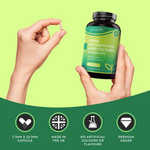 Psyllium Husk 4500Mg with 500 Million CFU, 180 Psyllium Husks Capsules for 3 Months of Supply - Fibre Supplement Psyllium Husk Powder Alternative - Made in the UK by Nutravita