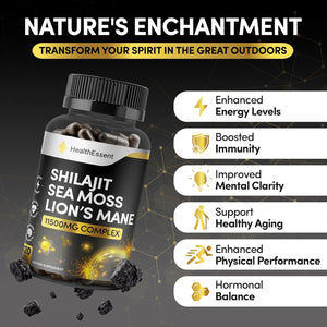 Sea Moss Shilajit Lion Mane 3 in One, with Added Ashwagandha and Black Pepper, 11500Mg Superfood Blend for Vitality & Immunity, Energy and Brain Health - 120 Vegan Capsules by Healthessent