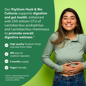Psyllium Husk 4500Mg with 500 Million CFU, 180 Psyllium Husks Capsules for 3 Months of Supply - Fibre Supplement Psyllium Husk Powder Alternative - Made in the UK by Nutravita