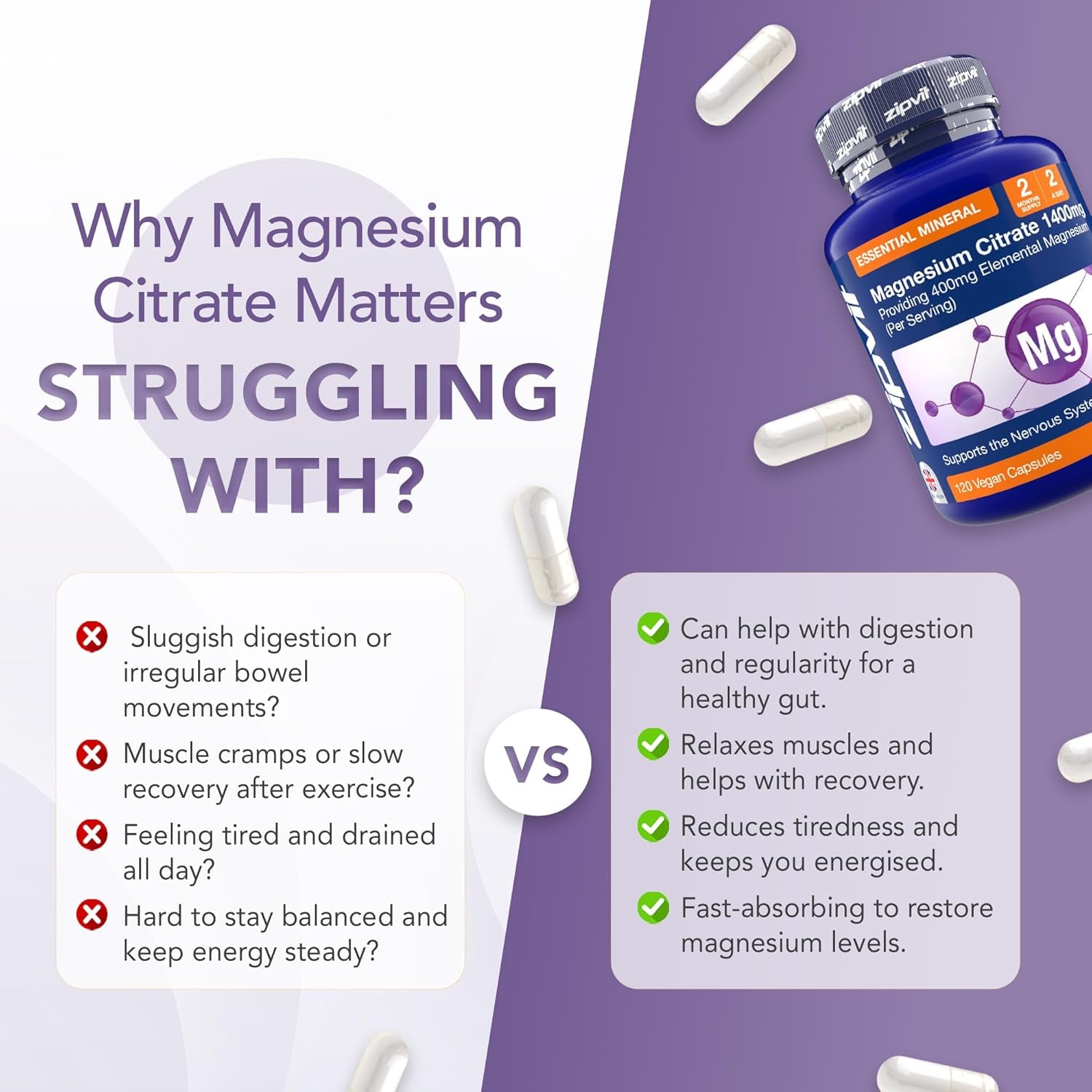 Zipvit Magnesium Citrate 1400Mg, Provides 400Mg Elemental Magnesium, Highly Absorbable for Bone, Muscle & Energy Support. 120 Vegan Capsules, 2 a Day, 2 Months Supply.