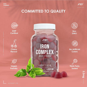 Iron 28Mg Gummies with Vitamin C, Niacin, Vitamin B6, B5, B12, Folic Acid & Biotin – 60 Vegan Gummies – Tapioca Base – Cherry Flavour – by Alpha01