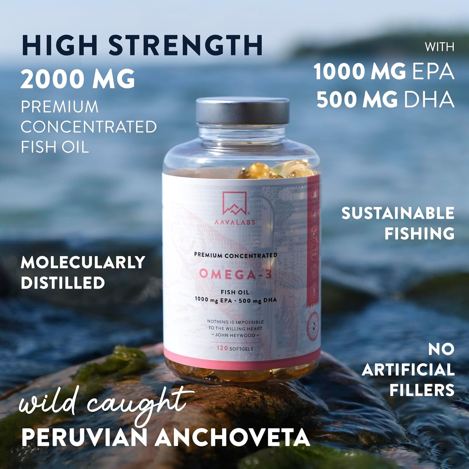 AAVALABS Omega 3 Fish Oil 2000Mg per Daily Dose (2 Softgels) - 1000Mg EPA + 500 Mg DHA per Dose - High Strength Omega 3 Fatty Acids Supplements - Molecularly Distilled - 120 Capsules - 60 Days Supply