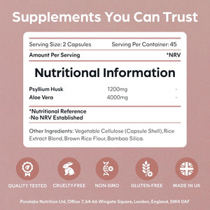 Purolabs Psyllium Husk Complex - High Purity 99.9% Fibre Supplement with Aloe Vera - Natural Digestive Support - Gut Health & Bowel Regularity - 90 Capsules