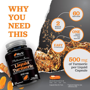 Novasol® Curcumin - Liquid Turmeric with Vitamin D - 60 Vegetarian Capsules - 185X More Bioavailability - High Strength Tumeric Supplement - Made in the UK - Nu U Nutrition