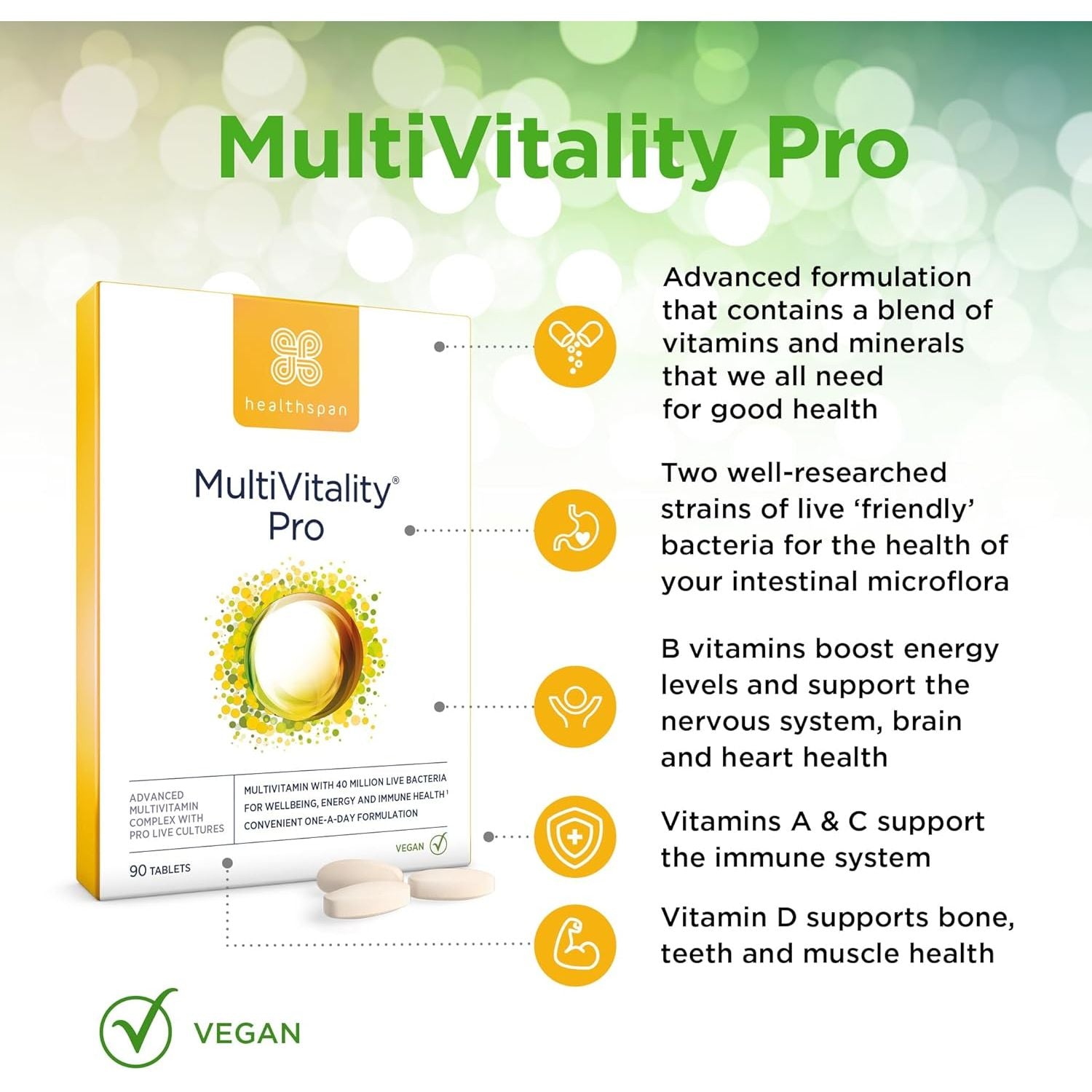 Healthspan Multivitamin with Live Cultures (90 Tablets) | Supports Immune Health | Maintain Energy Levels | Multivitamin & Live Bacteria Cultures | Added Vitamins C & D3 | Vegan