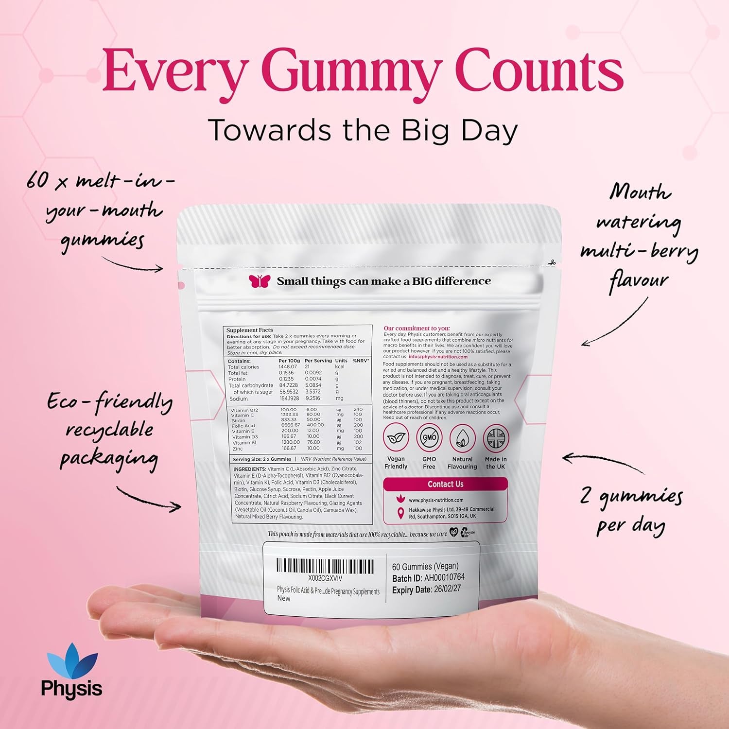 Physis Folic Acid & Pregnancy Vitamins | Prenatal Vitamins for Women | 60 Vegan Melt-In-Your-Mouth Mixed Berry Gummies | with Folic Acid, Vitamin D3, B12, Zinc, Iodine | Uk-Made Pregnancy Supplements
