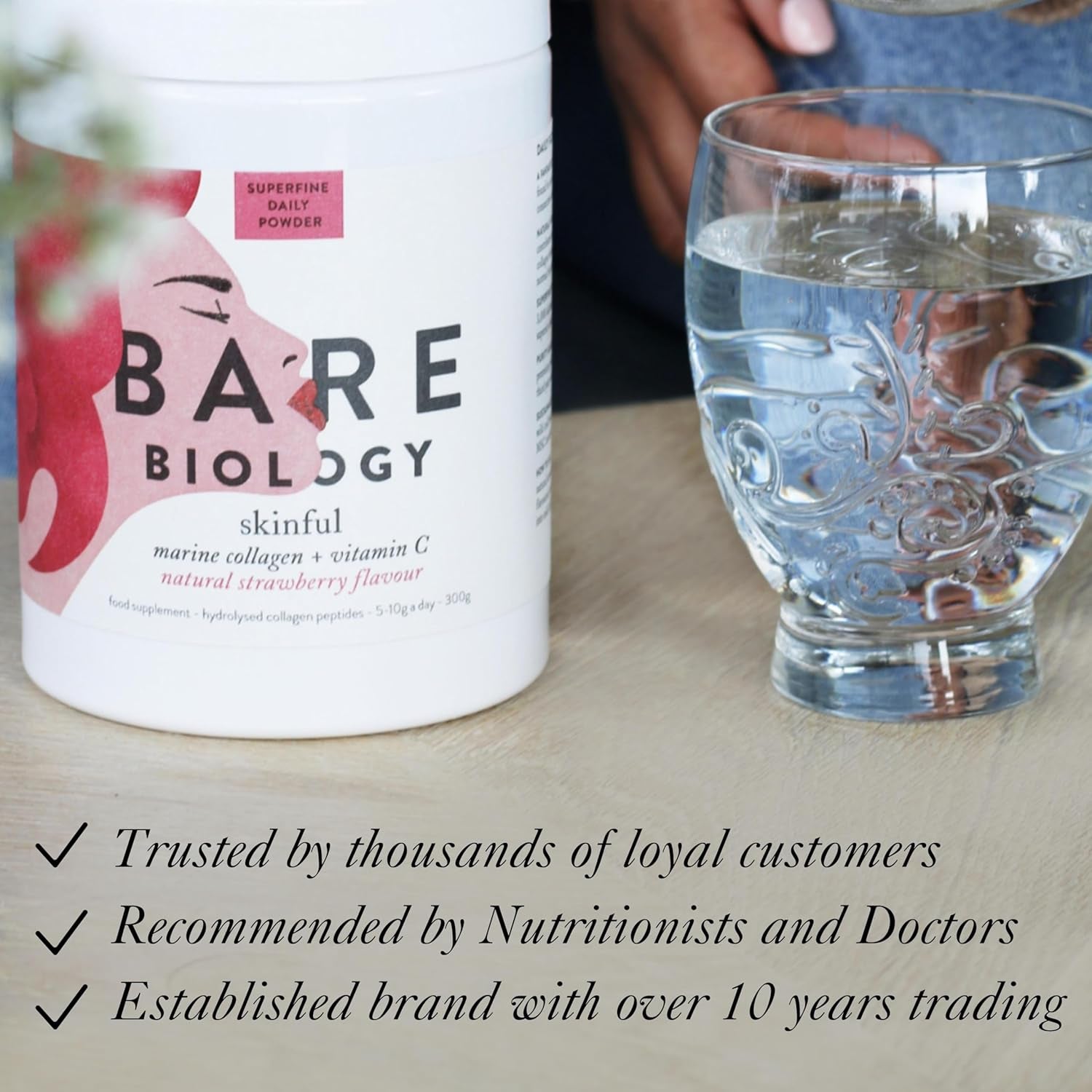 Bare Biology Collagen Powder + Vitamin C, 300G/60 Servings, Strawberry Flavour - Skinful Pure Marine Collagen for Skin, Muscles, Hair, Nails, Joints & Bones - Super Strength Type 1 Peptides