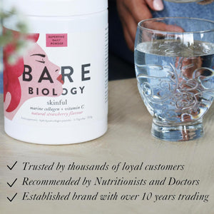 Bare Biology Collagen Powder + Vitamin C, 300G/60 Servings, Strawberry Flavour - Skinful Pure Marine Collagen for Skin, Muscles, Hair, Nails, Joints & Bones - Super Strength Type 1 Peptides