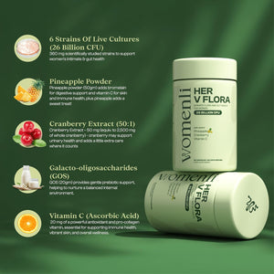 Prebiotics & Probiotics for Women - 26 Billion CFU Flora with Cranberry, Vitamin C & Pineapple | Bio Cultures for Women'S Intimate Flora & Gut Health | 60 Vegan Capsules | Her V Flora by Womenli