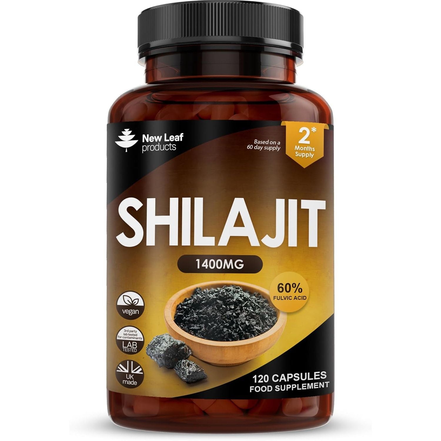 Shilajit Capsules 1400Mg 60% Fulvic Acid - High Strength Himilayan Shilajit, 2 Months Supply Shalajit Resin - Made in the UK Supplement by New Leaf 120 Capsules