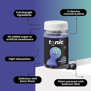 Tonic Health Kids Immunity Gummies - 7 in 1, Elderberry Gummies, No Added Sugar, No Sweeteners, Vitamins C, D and Zinc, Wild Berry Flavour, Month Supply (60 Count), Ages 3-12, Vegan.