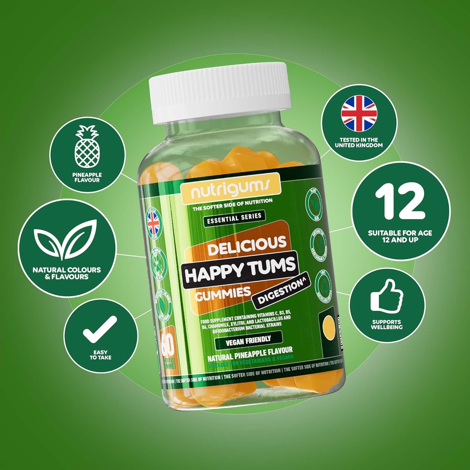 Happy Tums Probiotic Complex Gummy | 1.125 Billion CFU Triple Strain Probiotics, Vitamin C, B3, B5, B6 & Chamomile 1000Mg | Pineapple Flavour | 60 Vegan Gummies | Gut & Digestive Health by NUTRIGUMS®