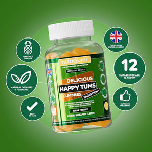 Happy Tums Probiotic Complex Gummy | 1.125 Billion CFU Triple Strain Probiotics, Vitamin C, B3, B5, B6 & Chamomile 1000Mg | Pineapple Flavour | 60 Vegan Gummies | Gut & Digestive Health by NUTRIGUMS®