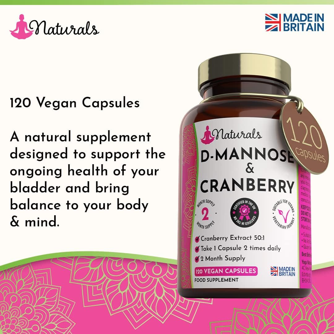 120 D-Mannose and Cranberry Capsules - (2 Months Supply) 1000Mg Extract per Serving - UK Made Vegan Supplement (Not Tablets) - High Strength Natural UTI Support for Women & Men