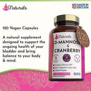 120 D-Mannose and Cranberry Capsules - (2 Months Supply) 1000Mg Extract per Serving - UK Made Vegan Supplement (Not Tablets) - High Strength Natural UTI Support for Women & Men