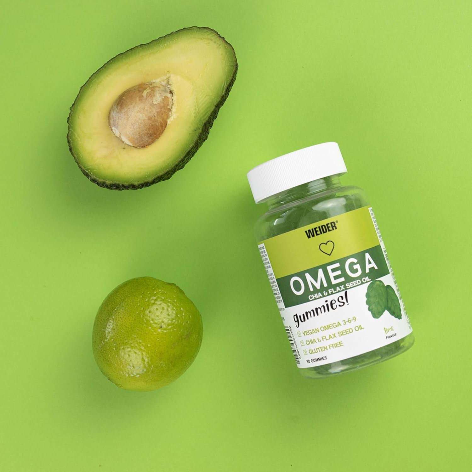 Weider Omega Gummies (50 Gums) Lime Flavour, with Vegan Omega 3-6-9 from Chia and Lax Seed Oil, Gluten Free, No Added Sugar