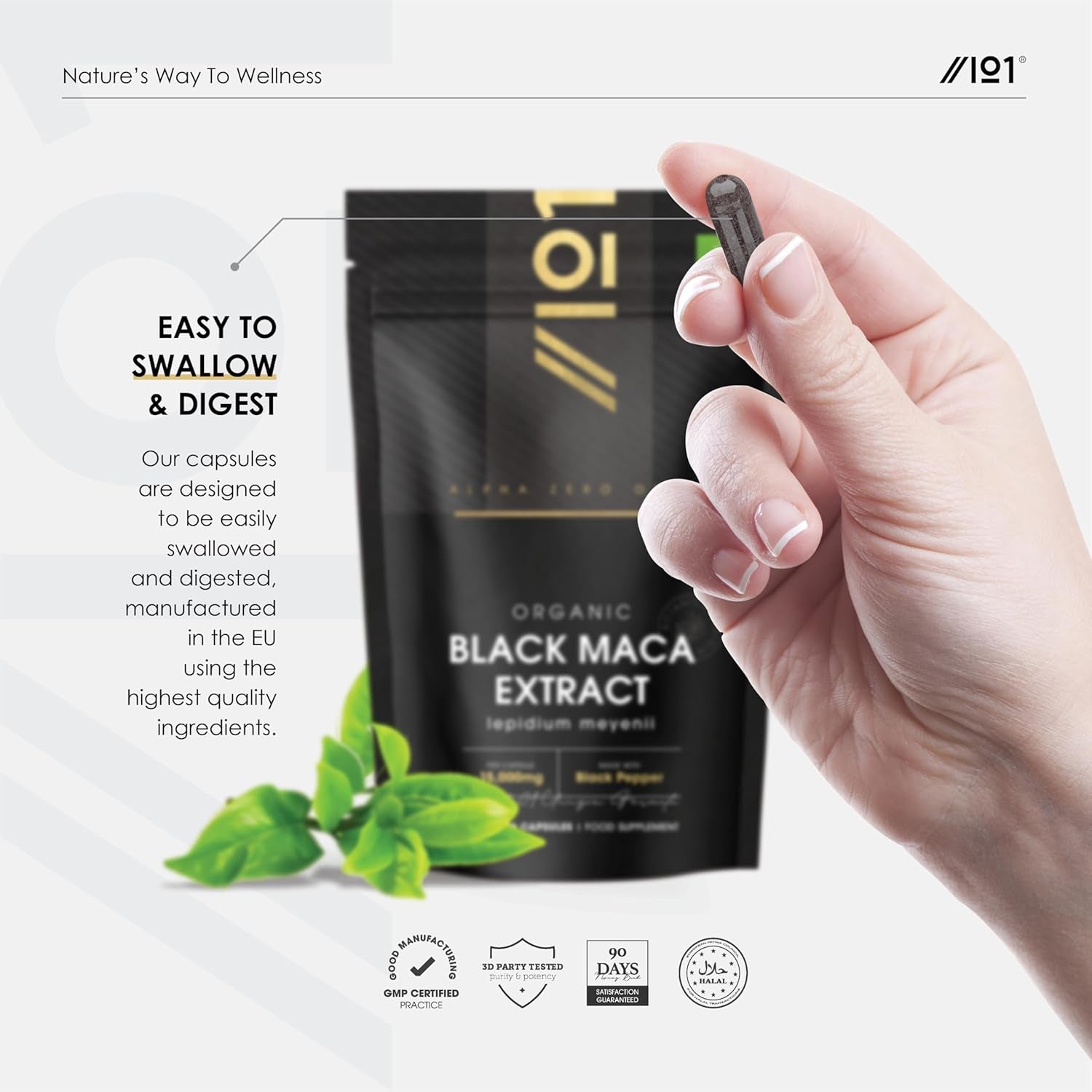 Organic Black Maca Root 15,000Mg with Black Pepper – Peruvian Black Maca Supplement for Men - 90 Vegan Capsules (3 Months Supply) – Resealable and Recyclable Pouch by Alpha01