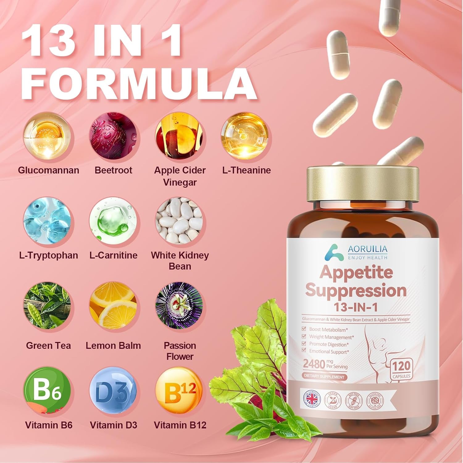 Appetite Suppressants for Women, 13 in 1 Fat Burner 2480Mg Natural Formula with White Kidney Bean Extract, Glucomannan, Apple Cider Vinegar, Vitamins B6 & B12, Green Tea Extract, 120 Capsules